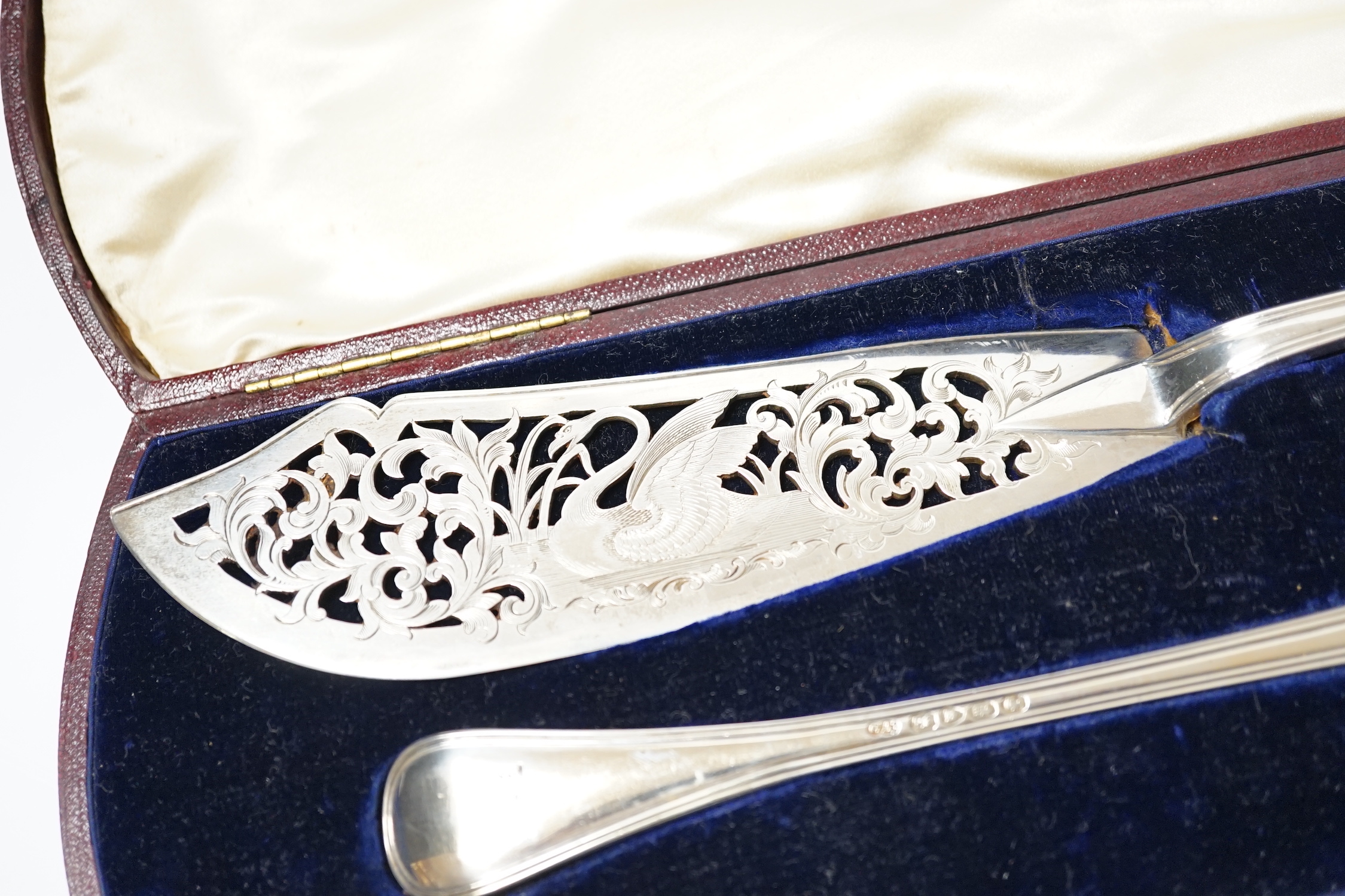 A cased pair of Victorian silver Old English thread pattern fish servers, by George Adams, London, 1850, 9.8oz.
